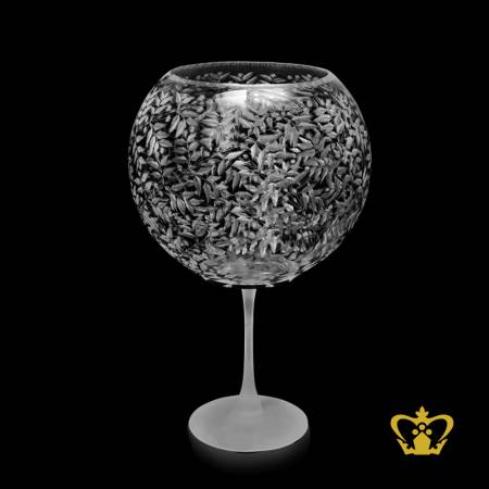 Gorgeous-crystal-bowl-carved-with-charming-leaf-pattern-enhanced-with-sleek-frosted-long-pulled-stem