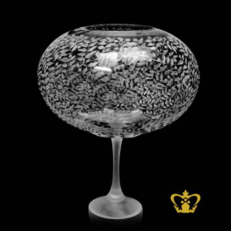 Stunning-crystal-bowl-engraved-with-delightful-leaf-pattern-enhanced-with-sleek-frosted-long-pulled-stem