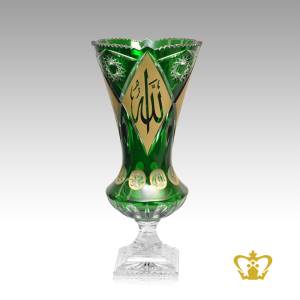 Golden-Arabic-Word-Calligraphy-Allah-Muhammad-Rasul-Allah-Engraved-Green-Crystal-Footed-Vase-with-Deep-Star-Cut-Handcrafted-Islamic-Religious-Gift-Eid-Ramadan-Souvenir