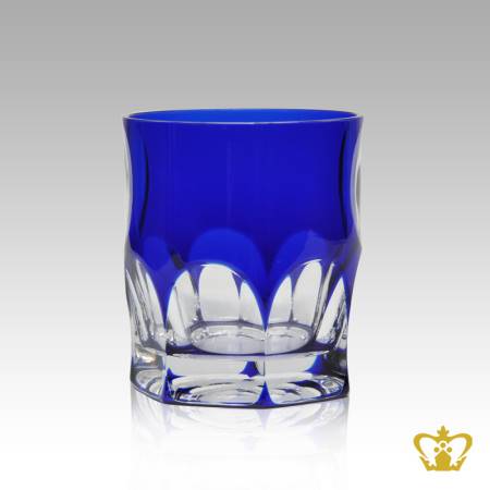 Timless-blue-crystal-whiskey-tumbler-adorned-with-precious-clear-deep-wide-curved-facets-pattern-10-oz