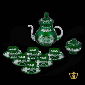 Emerald-green-crystal-tea-set-of-6-cups-and-saucer-embellished-with-intense-hand-carved-vintage-pattern