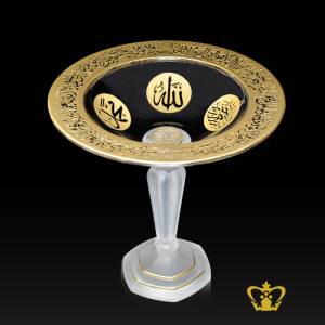 Frosted-Footed-Crystal-Bowl-Golden-Arabic-word-Calligraphy-Engraved-Ayat-Al-Kursi-Allah-Muhammed-Rasul-Allah-The-Holy-Kaaba-Handcrafted-Deep-Leaf-Star-Cuts-Islamic-Religious-Decorative-Present-Eid-Gift-Ramadan-Occasions-Present