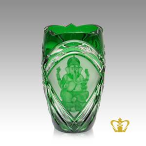 Religious-spiritual-holy-gift-crystal-green-Ganesha-vase-Indian-festival-Diwali-celebration-Hindu-god