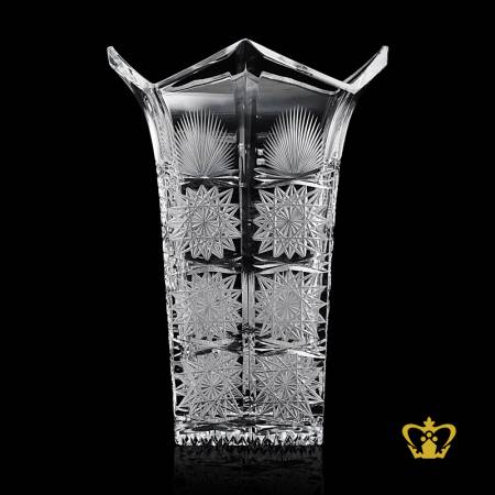 Precious-Long-crown-edge-square-crystal-vase-ornamented-with-charming-intense-handcrafted-star-pattern
