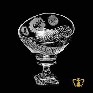 Stylish-footed-crystal-bowl-with-horse-rider-silhouette-alluring-diamond-pattern-hand-carved