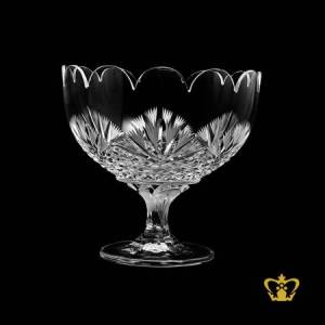 Imperial-carved-footed-crystal-bowl-striking-edges-handcrafted-decorated-intense-leaf-diamond-cuts