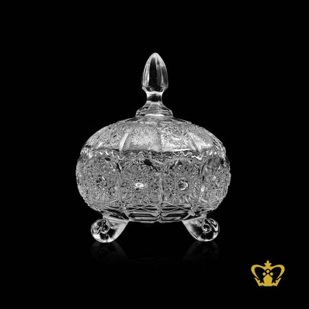 Elegant-timeless-look-footed-crystal-candy-jar-with-cover-adorned-handcrafted-with-star-cut