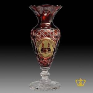Decorative-Red-Crystal-Vase-Footed-Deep-Diamond-Cut-Handcrafted-Islamic-Souvenir-Golden-Arabic-Word-Calligraphy-Engraved-the-Holy-Kaaba-Religious-Ramadan-Present-Eid-Gift