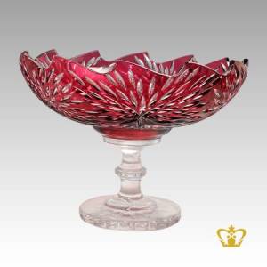 Charming-sophisticated-red-crystal-footed-bowl-wave-edged-adorned-with-handcrafted-intense-clear-leaf-pattern-decorative-gift