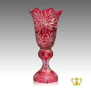 Carmine-red-wave-edged-traditional-handcrafted-crystal-footed-panache-elegant-long-vase-allured-with-clear-intense-leaf-pattern-decorative-gift