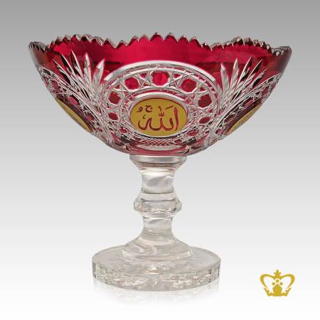 Ruby-Footed-Crystal-Bowl-Scalloped-Edge-Decorative-Islamic-Gift-with-Deep-Star-Leaf-cut-hand-crafted-Arabic-Golden-word-Calligraphy-Allah-Engraved-Religious-Occasions-Eid-Ramadan-Souvenir