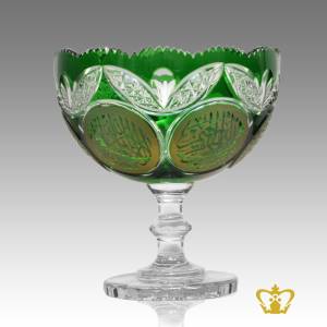 Gorgeous-long-footed-Islamic-green-crystal-bowl-handcrafted-scalloped-edge-and-lovely-leaf-pattern-with-golden-word-Arabic-calligraphy-holy-verses-of-Quran-religious-souvenir-Ramadan-Eid-gift