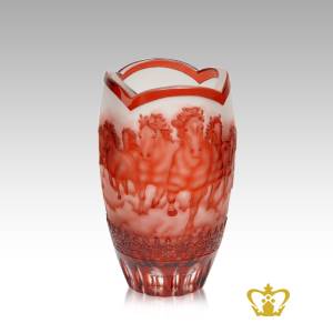 Voguish-elegant-exclusive-red-crystal-vase-handcrafted-with-alluring-running-horses-engraved-decorative-gift