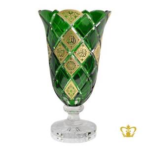 Green-Crystal-Vase-Footed-with-Deep-Cross-cuts-Crown-Edged-Handcrafted-Islamic-Decorative-Present-Golden-Arabic-word-Ramadan-Religious-Occasions-Souvenir-Eid-Gift