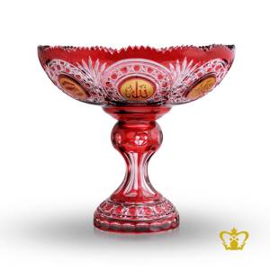 Ruby-Red-Footed-crystal-Decorative-Bowl-Handcrafted-with-Deep-Leaf-diamond-cuts-Golden-Arabic-word-Calligraphy-Allah-Islamic-Religious-Occasions-Present-Ramadan-Souvenir-Eid-Gifts