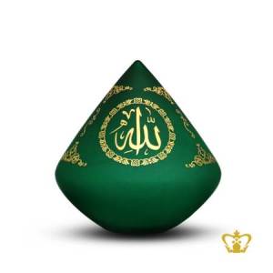 Stunning-green-crystal-cone-with-Arabic-word-golden-calligraphy-Allah-Islamic-occasion-gift-Eid-Ramadan-souvenir