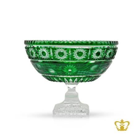 Glamorous-stylish-green-crystal-footed-bowl-ornamented-with-handcrafted-intense-clear-frosted-floral-leaf-traditional-star-pattern-decorative-gift
