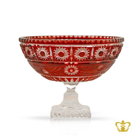 Alluring-stylish-red-crystal-footed-bowl-ornamented-with-handcrafted-intense-clear-frosted-floral-leaf-traditional-star-pattern-decorative-gift