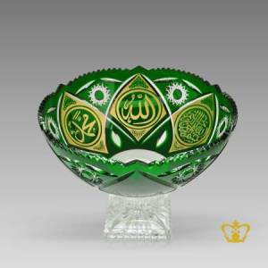 Lovely-green-crystal-footed-bowl-handcrafted-with-holy-Arabic-golden-calligraphy-Allah-Muhammad-Bismillah-Islamic-occasions-religious-souvenir-Ramadan-Eid-gift