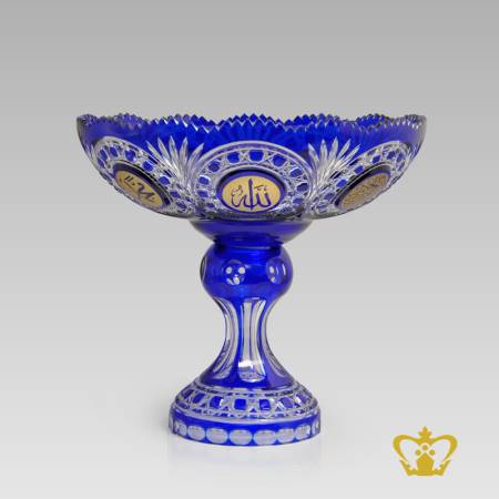 Blue-footed-crystal-decorative-bowl-handcrafted-with-deep-leaf-diamond-cuts-golden-Arabic-word-calligraphy-engraved-Allah-Muhammad-Rasulullah-Bismillah-Islamic-religious-occasions-present-Ramadan-Eid-gifts