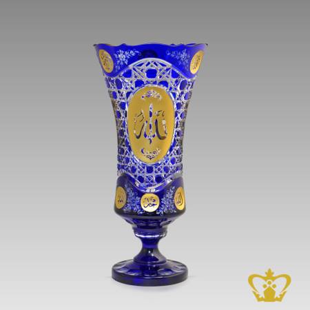 Exquisite-blue-footed-elegant-Islamic-crystal-vase-with-Arabic-golden-word-calligraphy-Allah-engraved-Eid-Ramadan-souvenir-special-religious-occasions-gift
