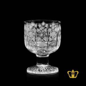 Crystal-whiskey-glass-tumbler-vintage-look-with-sparkling-heavy-cuts-twirling-star-leafs-hand-carved-pattern