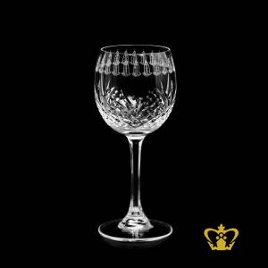 Elegant-crystal-wine-glass-with-classic-leaf-cuts-and-engraved-Burj-Al-Arab