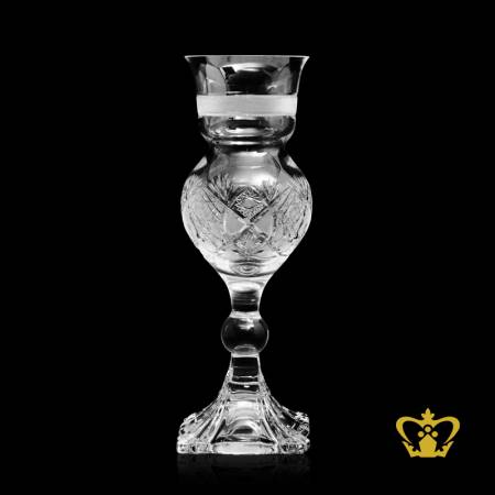 Crystal-vase-handcrafted-with-twirling-star-leaf-pattern-cuts-and-elegant-unique-shaped-stem