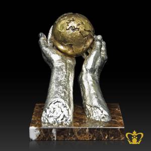 ANG-GLOBE-IN-HAND-TRP-12INCH-SILVER-W-M-BASE-OFFER-YOU-THE-WORLD-