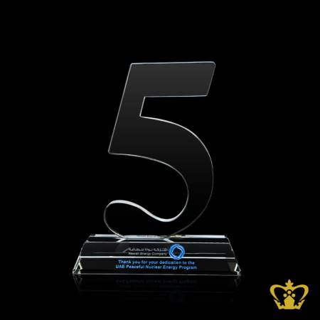 Crystal-No-5-Five-Years-appreciation-service-cutout-award-trophy-with-clear-base-customized