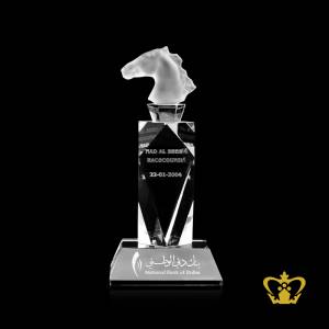 Personalized-crystal-horse-trophy-with-clear-base-customized-logo-text