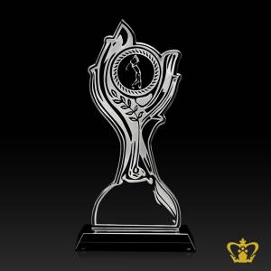 Personalized-crystal-golf-trophy-cutout-with-black-base-customized-text-engraving-logo