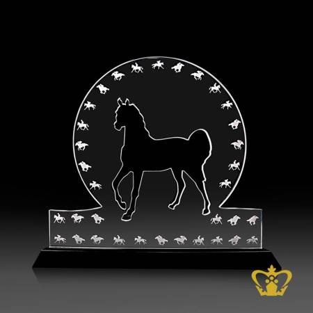 Personalized-crystal-horse-cutout-trophy-with-black-base-customized-logo-text