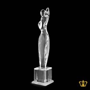 Manufactured-Crystal-Trophy-Molded-in-a-Shape-of-Lady-stands-on-a-Clear-Crystal-Base