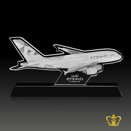 Personalized-Crystal-Cutout-of-Etihad-Aeroplane-Customized-Text-Engraving-Logo-Base-UAE-Famous-Gifts