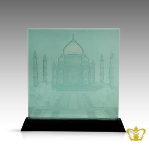 Taj-Mahal-one-of-the-seven-wonders-of-the-world-engraved-on-crystal-square-plaque-with-black-base-world-famous-landmark-perfect-collector-gift-souvenir