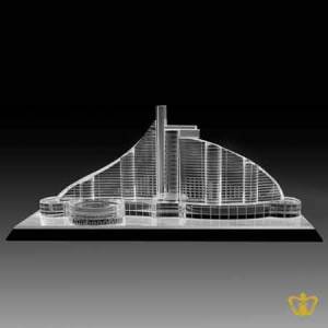 Handcrafted-crystal-replica-of-Jumeirah-Beach-Hotel-with-crystal-black-bevel-base-custom-logo-text-a-famous-hotel-in-UAE