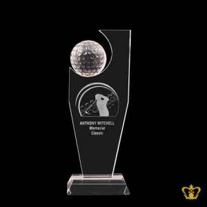 Manufactured-Artistic-Golf-Trophy-Cutout-Crystal-with-Custom-Text-Engraving-Logo