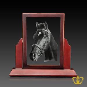 Personalized-crystal-photo-frame-with-wooden-base-and-frame-2D-laser-engrave-horse-head