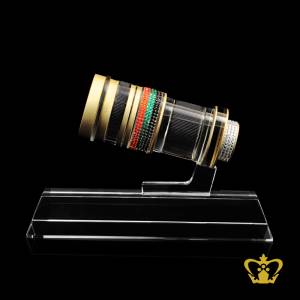Masterpiece-crystal-replica-of-a-camera-lens-embellish-with-multicolor-crystal-diamond-stands-on-clear-base