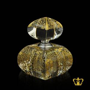 Fancy-rich-look-allured-to-crystal-perfume-bottle-with-golden-handcrafted-designer-pattern-and-silver-collar-lovely-opulent-gift-souvenir