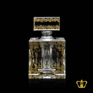 Dazzling-rare-collection-golden-pattern-engraved-crystal-perfume-bottle-with-silver-collar-an-opulent-gift-souvenir