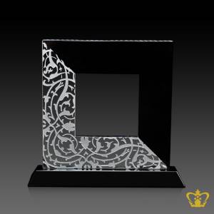 Artistry-Crystal-Frame-in-Black-and-Clear-Crystal-with-Intricate-Design-stands-on-Black-Base