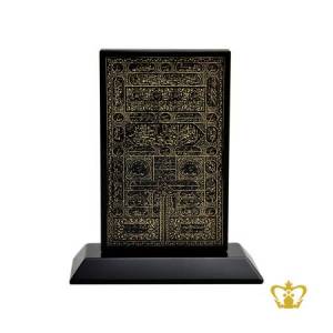 Arabic-golden-word-calligraphy-holy-Kaaba-door-handcrafted-kiswah-cover-engraved-black-crystal-plaque-with-base-Islamic-occasion-gift-Eid-Ramadan-souvenir