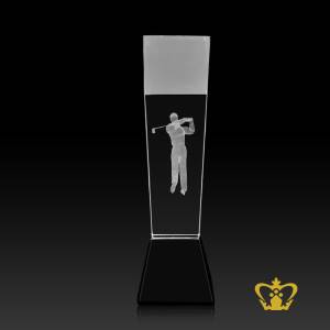 Personalized-Crystal-Slant-Golfer-Trophy-stands-on-Black-Crystal-Base-Customized-Text-Engraving-Logo