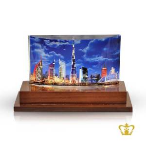 Crystal-Crescent-Block-Trophy-with-Dubai-Sky-Line-with-wooden-Base-Customized-Logo-text-7-50-Inch-x-4-75-Inch