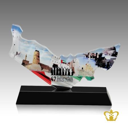 UAE-National-Day-map-cutout-trophy-with-Rulers-and-national-flag-and-engraved-spirit-of-the-union-Qasr-Al-Hosn-Al-Fahidi-Al-Hisn-Dhayah-Fujairah-Ajman-Umm-Al-Quawain-Fort