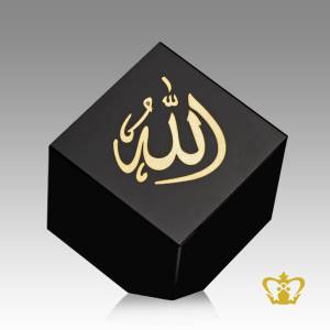Golden-Three-Faced-Customized-Tilted-Black-Crystal-Cube-Islamic-Occasions-Gift-Arabic-Word-Calligraphy-Allah-Muhammed-Rasul-Allah-and-the-Holy-Kaaba-Engraved-Ramadan-Eid-Religious-Souvenir