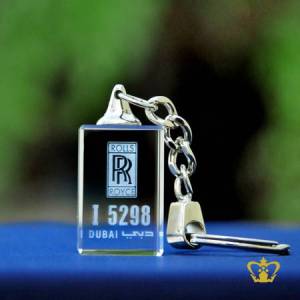 Crystal-Key-Chain-Cube-Personalized-with-Rolls-Royce-Logo-2D-Laser-Engraved-Personalized-with-Dubai-number-Plate-Customized-Logo-Text-