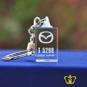 2D-laser-crystal-cube-key-chain-with-Mazda-logo-with-Dubai-number-plate-personalized-gift-for-friends-family